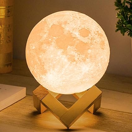 Mydethun 3D Moon Lamp with 4.7 Inch Wooden Base - Gifts for Women, LED Night Light, Mood Lighting with Touch Control Brightness for Home Décor, Bedroom, Kids Birthday Moon Light Gift - White & Yellow