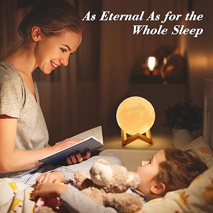 Mydethun 3D Moon Lamp with 4.7 Inch Wooden Base - Gifts for Women, LED Night Light, Mood Lighting with Touch Control Brightness for Home Décor, Bedroom, Kids Birthday Moon Light Gift - White & Yellow